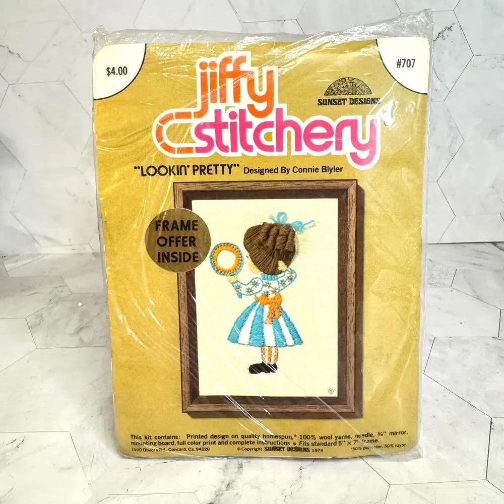 6 Vtg SEALED Sunset Jiffy Stitchery Crewel Embroidery Kits Connie Blyler NOS